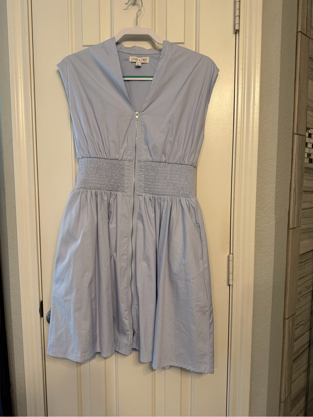 She and Sky Light Blue Shirred-Waist Zip-Front Midi Dress with Pockets
